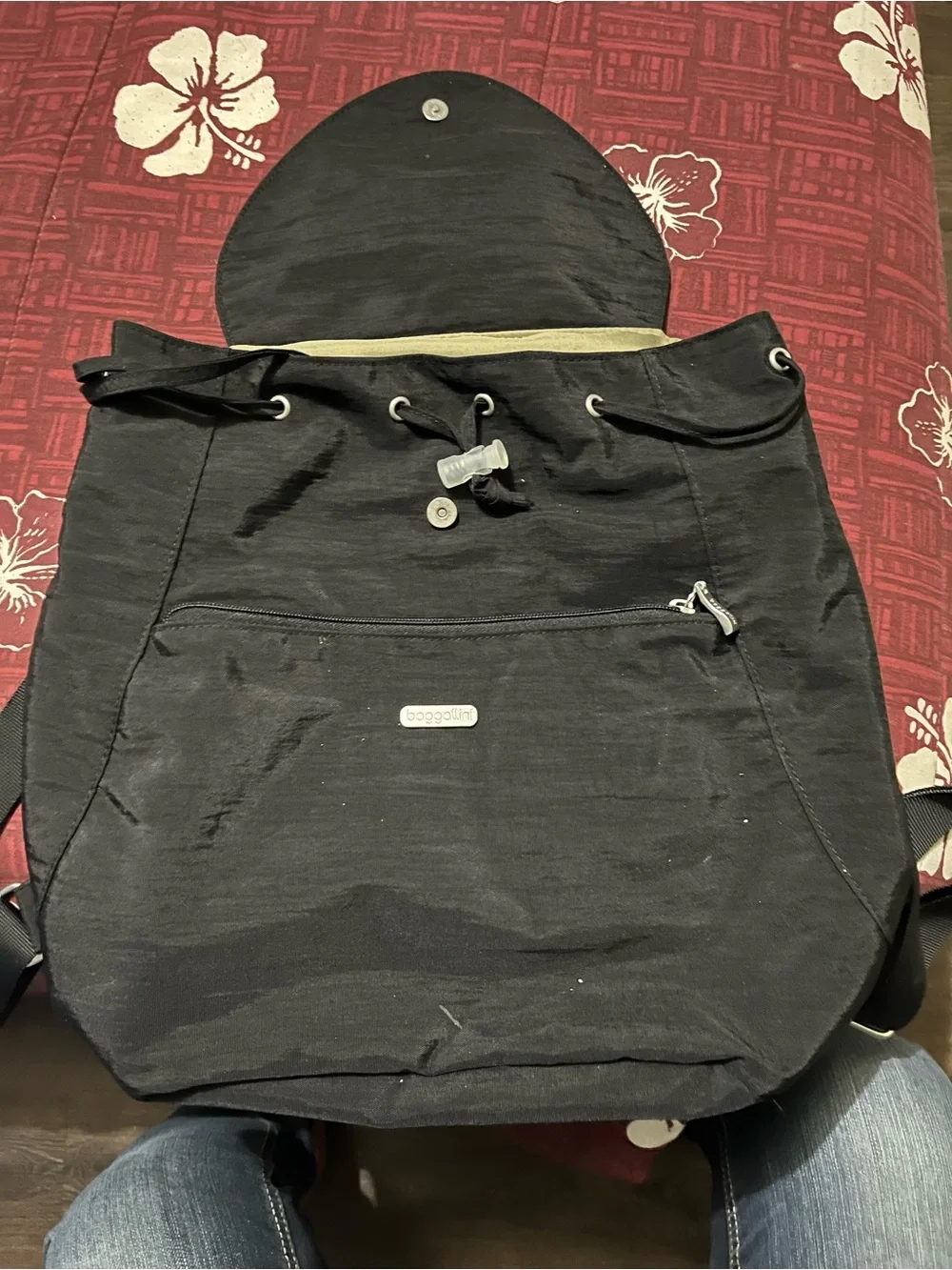 Baggallini Black Drawstring Backpack with Front Zip Pocket
